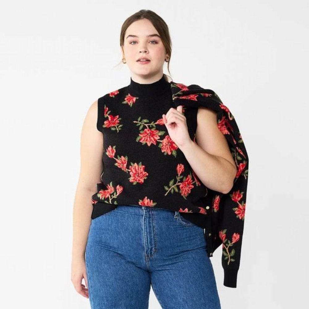 DRAPER JAMES RSVP Sleeveless Black Floral Sweater Vest 2X